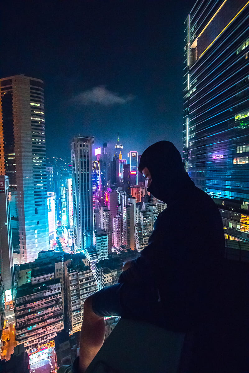 loneliness, roof, mask, skyscraper, night city, HD phone wallpaper