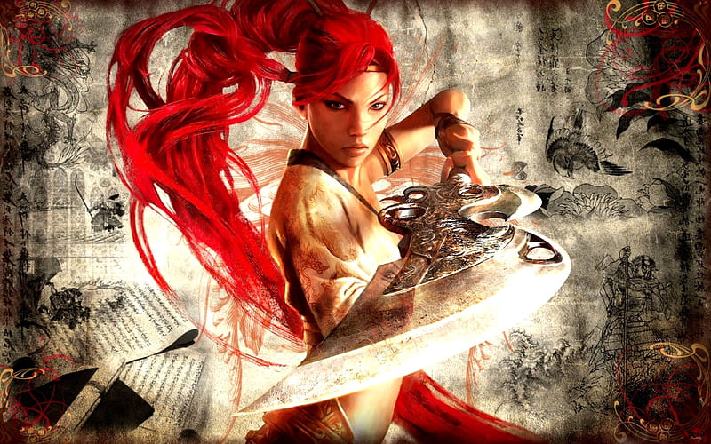 Heavenly Sword, hair red, female, warrior, big sword, nariko, HD wallpaper