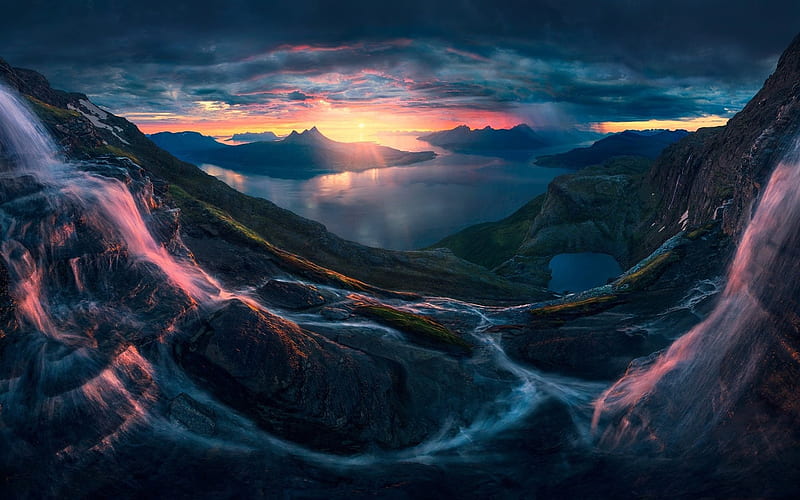 Norway, mountain river, waterfalls, fjord, bright sun, mountains, HD wallpaper