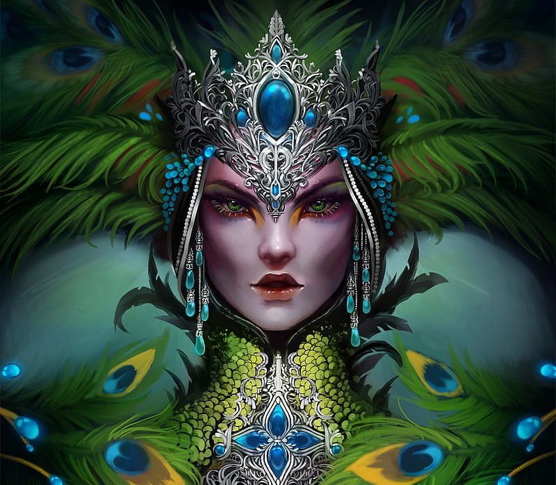 Queen of birds, art, nathalie batemann, luminos, queen, peacock, fantasy, bird, green, feather, face, HD wallpaper