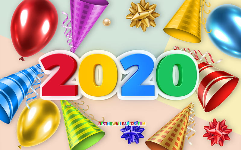 2020 colorful background, Happy New Year 2020, background with balloons, 2020 balloons background, 2020 concepts, 2020 New Year, HD wallpaper