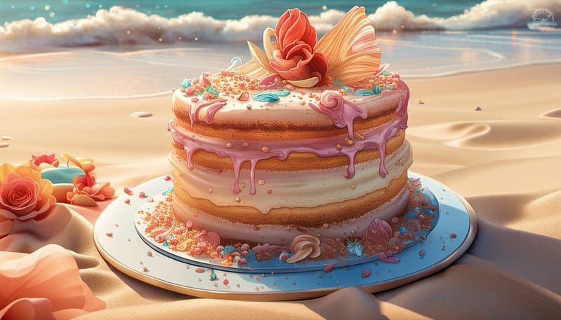 Beach cake, Sweet, Flower, Plat, Sand, Plate, Cake, HD wallpaper