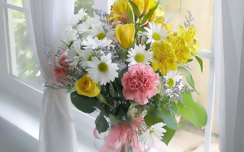 bouquet, windowsill, still life, flowers, vase, HD wallpaper