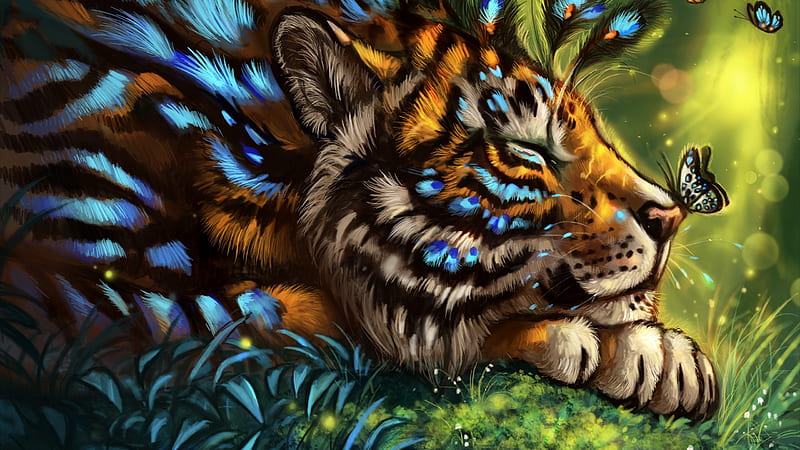 :-), tiger, tigru, flasw, blue, sleep, luminos, orange, peacock, fantasy, butterfly, feather, HD wallpaper