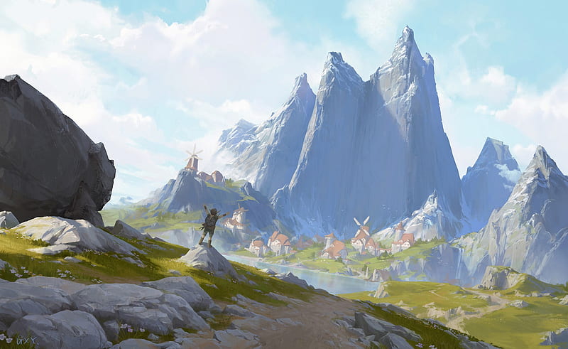 fantasy landscape, mountain, path, village, windmill, clouds, scenery, Fantasy, HD wallpaper
