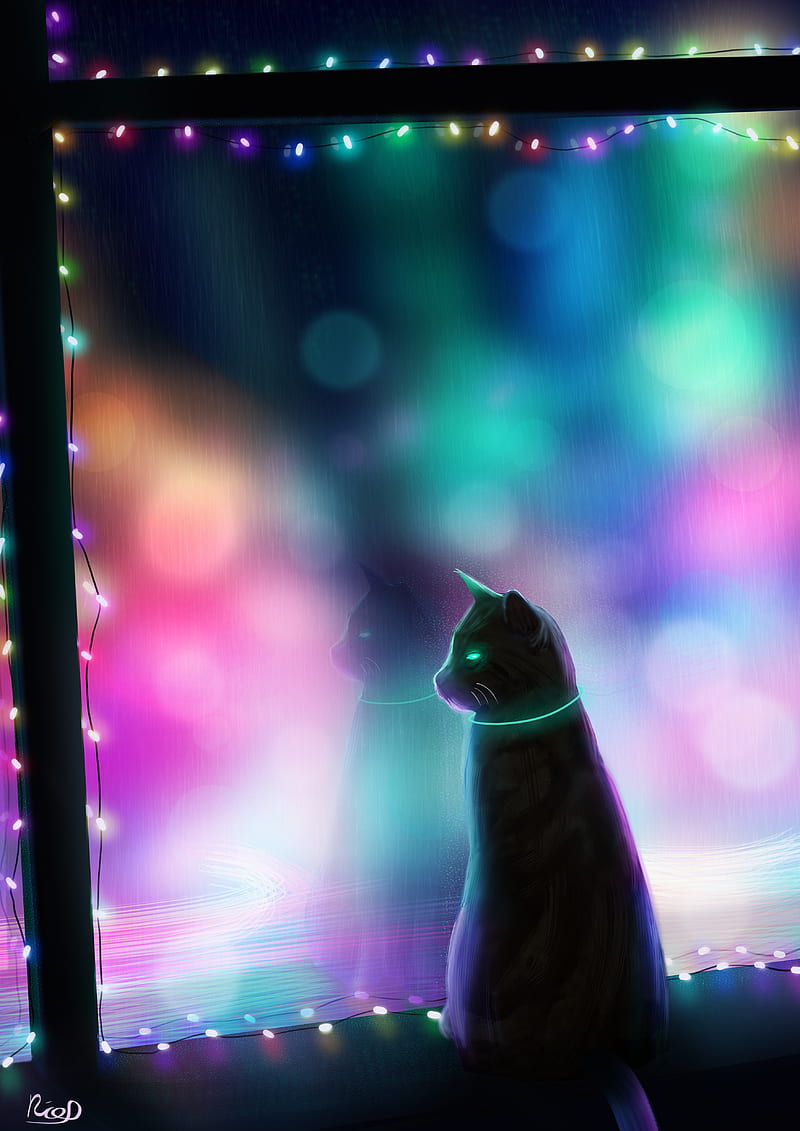 cat, art, garland, window, colorful, HD phone wallpaper