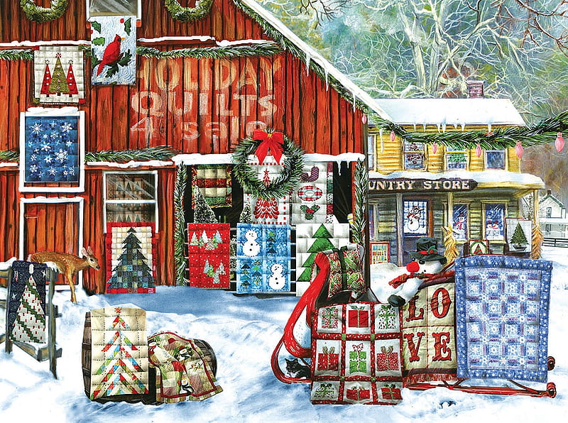 Holiday quilts, pictura, art, red, christmas, craciun, painting, quilt, HD wallpaper