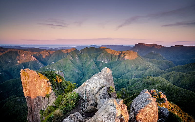 mountain range, mountains, sunset, rocks, ridge, tops, peaks, HD wallpaper
