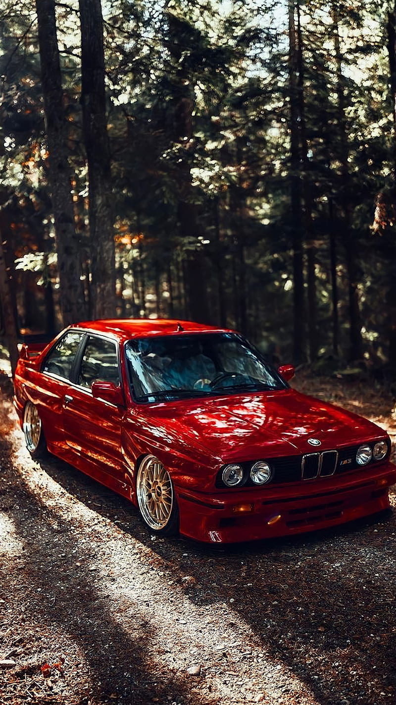 BMW E30 M3, bmw e30, car, forrest, red, HD phone wallpaper