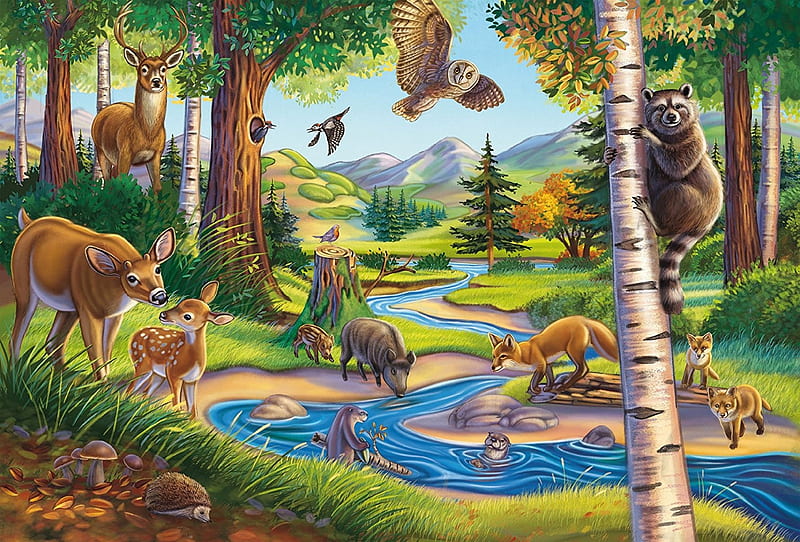 Forest Animals, eagle, creek, puzzles, deer, HD wallpaper