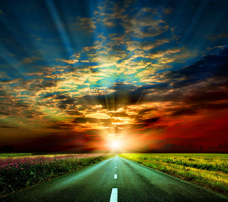 Sunset Road, nature, sky, sun, HD wallpaper