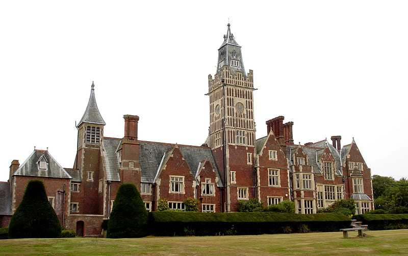 Aldermaston Manor, architecture, house, berkshire, victorian, england, aldermaston, clock, manor, brick, tower, HD wallpaper