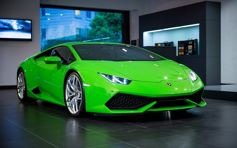 Lamborghini Huracan, 2016 cars, showroom, green huracan, HD wallpaper