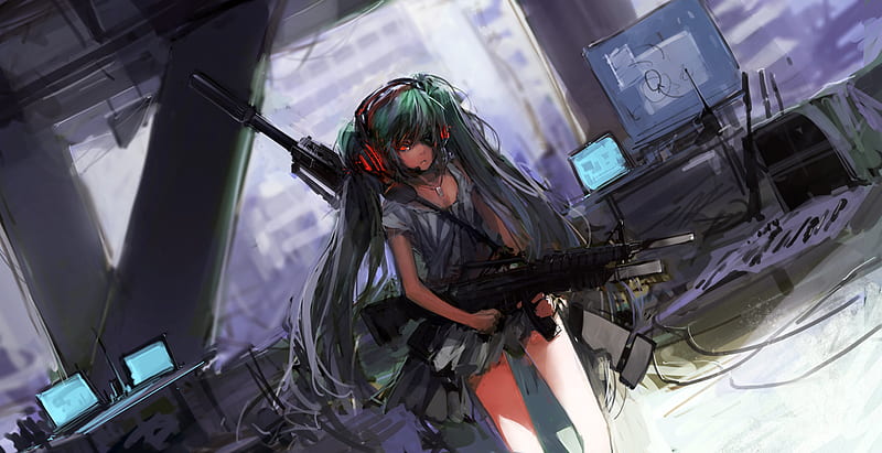 The Control Room, skyscraper, pretty, stunning, cg, thigh highs, nice, anime, tower, aqua, beauty, anime girl, reflection, vocaloids, art, beauitful, skirt, black, miku, singer, building, cute, headset, weapons, control room, hatsune, cool, digital, awesome, torn, sniper, white, idol, sniper rifle, red, artistic, hatsune miku, computers, headphones, thighhighs, guns, program, city, painting, m4a1, room, pink, grenade launcher, blue, vocaloid, amazing, guerra, music, diva, m4, microphone, armory, song, girl, uniform, signs, twintail twin tail, virtual, desk, rubble, HD wallpaper