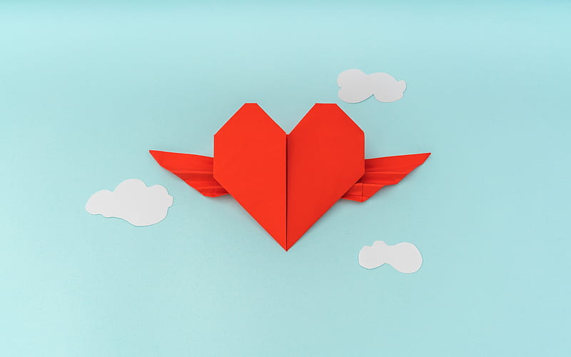red paper heart, blue background, origami heart, paper clouds, heart with wings, HD wallpaper