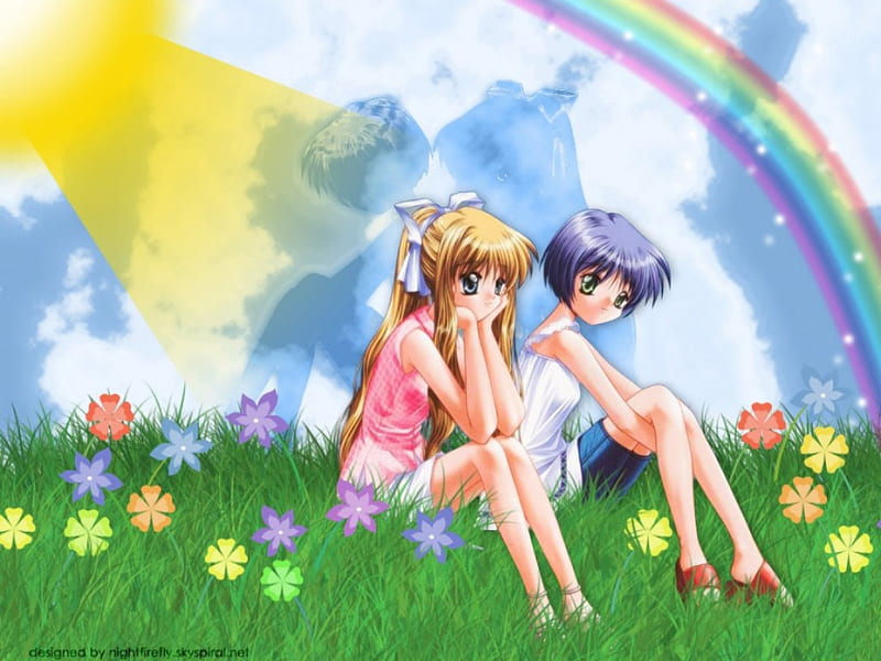 ~Misuzu & Kano~, Misuzu Kamio, anime, Kano Kirishima, flowers, rainbow, Air, friends, HD wallpaper