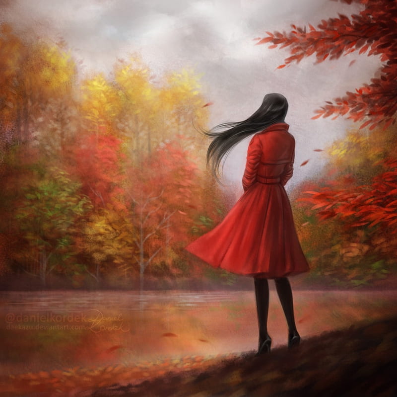 red, autumn, lady, abstract, HD wallpaper