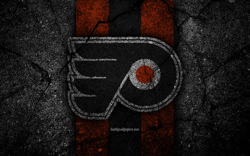 Philadelphia Flyers, logo, hockey club, NHL, black stone, Eastern Conference, USA, Asphalt texture, hockey, Metropolitan Division, HD wallpaper