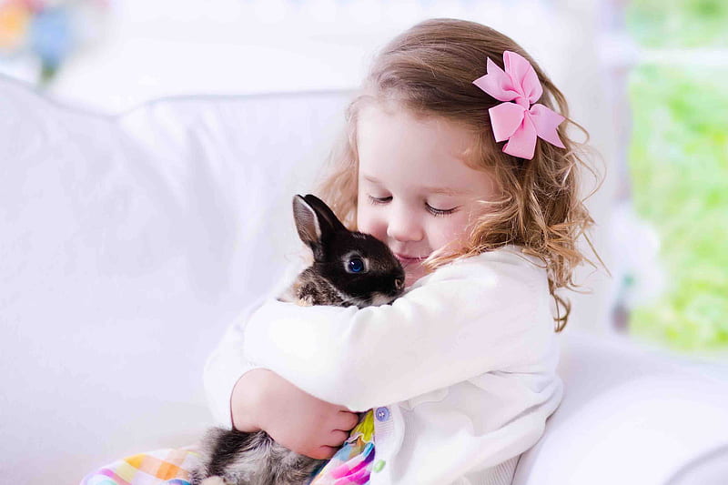 I love you, Bunny!, rabbit, little, black, easter, hug, girl, flower, copil, bunny, child, white, pink, HD wallpaper