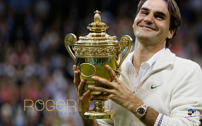 Roger Federer, cute, male, tennis player, gold cup, handsome, white dress, great smile, rolex, HD wallpaper