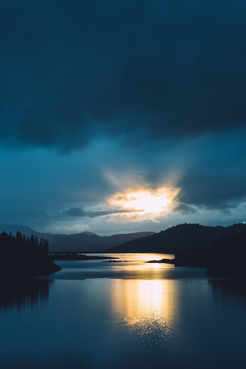 lake, hills, sunset, dusk, dark, HD phone wallpaper
