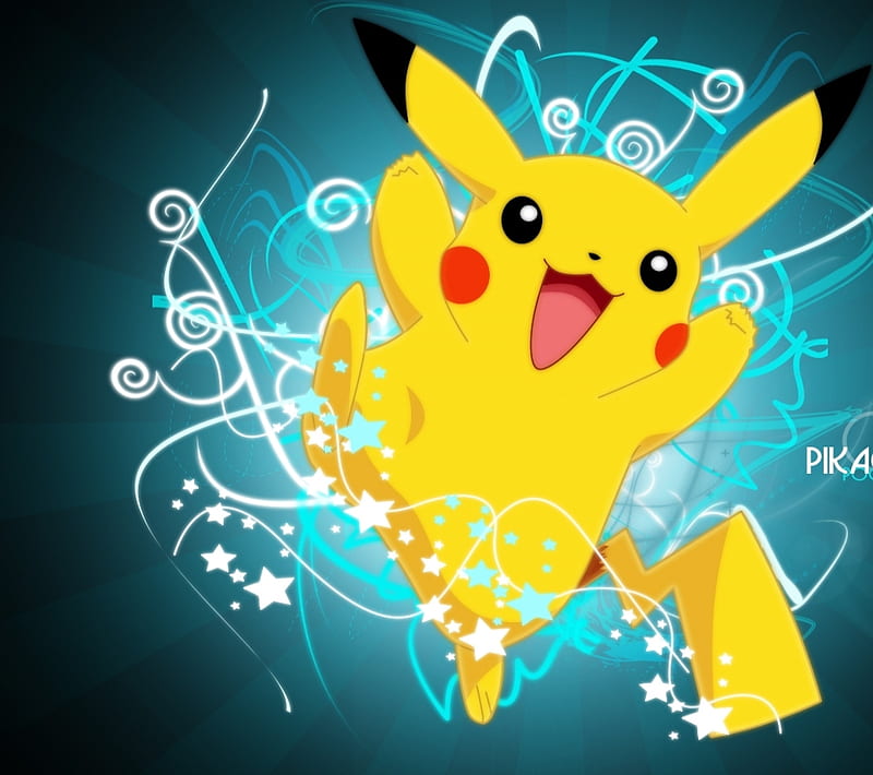 Pikachu, cute, desenho, kawaii, pika, pokemon, stars, swirls, yellow, HD wallpaper