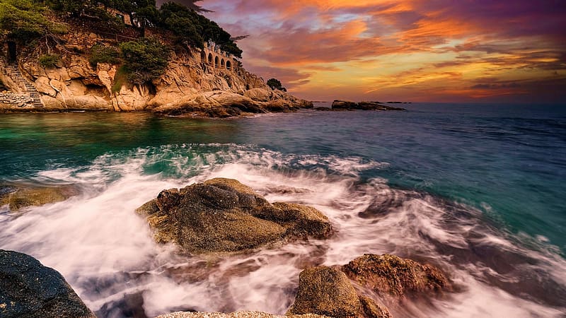 Costa Brava, Catalonia, Spain, sky, clouds, sunset, sea, mediterranean, colors, rocks, HD wallpaper