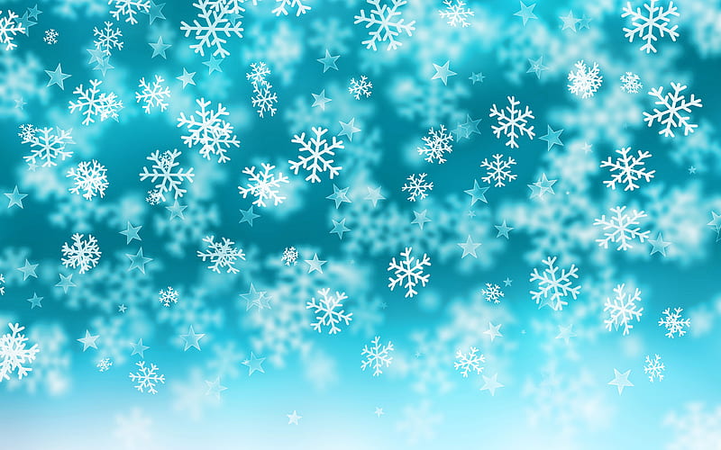 blue snowflakes background stars, blue winter background, white snowflakes, glare, winter backgrounds, HD wallpaper