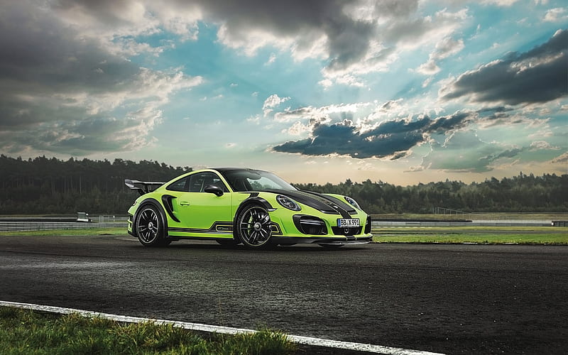 Porsche 911 Turbo GTstreet R, raceway, 2016 cars, TechArt, tuning, movement, sportcars, green Porsche, HD wallpaper