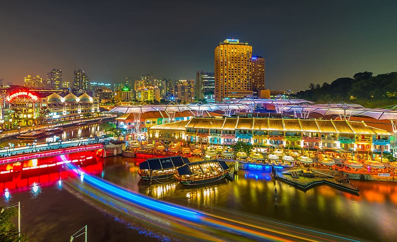 Cities, Night, Building, Light, Boat, Singapore, River, , Time Lapse, HD wallpaper
