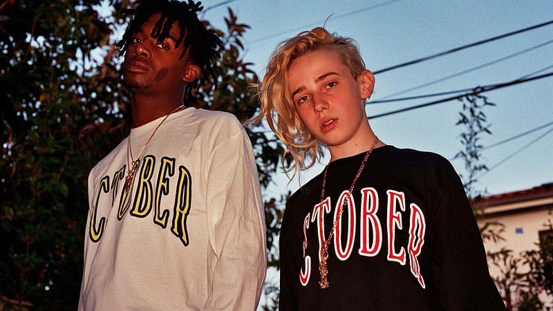 playboi carti is wearing white tshirt having gold chains on neck standing with boy music, HD wallpaper