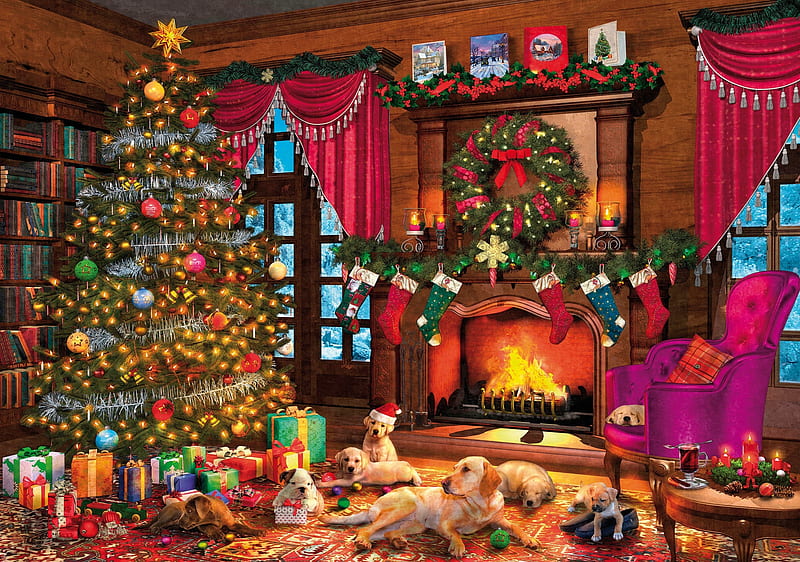Christmas, art, craciun, dominic davison, caine, animal, tree, painting, room, pictura, pink, dog, HD wallpaper
