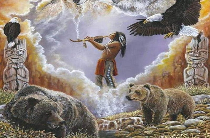 indian dream, eagle, bears, wolf, indian, HD wallpaper