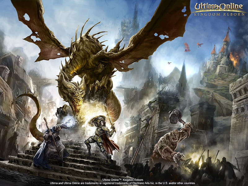 Kingdom Reborn, warriors fighting, ultima online- kingdom reborn, game, dragon, adventure, HD wallpaper