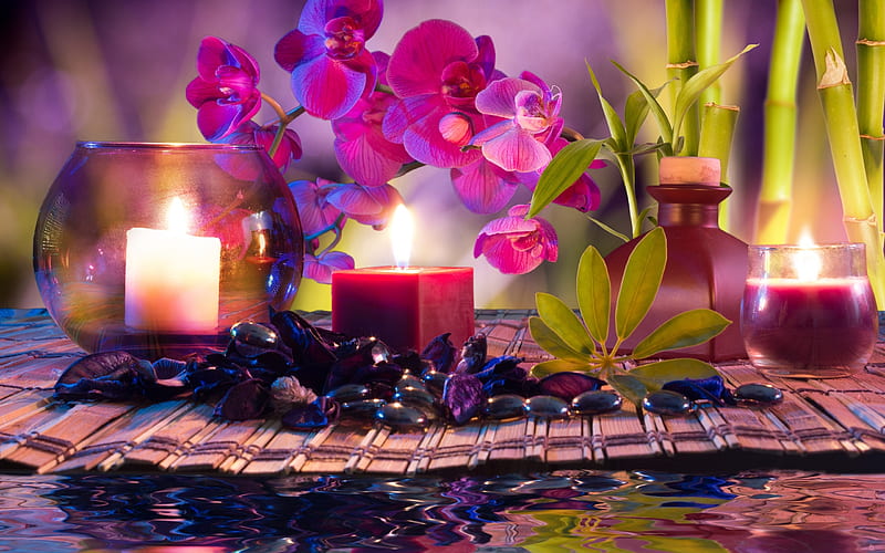 Spa accessories, Stones, Massage, Orchid, Bamboo, Flowers, Candles, HD wallpaper