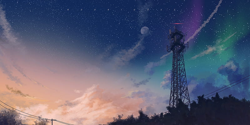 anime landscape, tower, base station, moon, stars, dawn, Anime, HD wallpaper