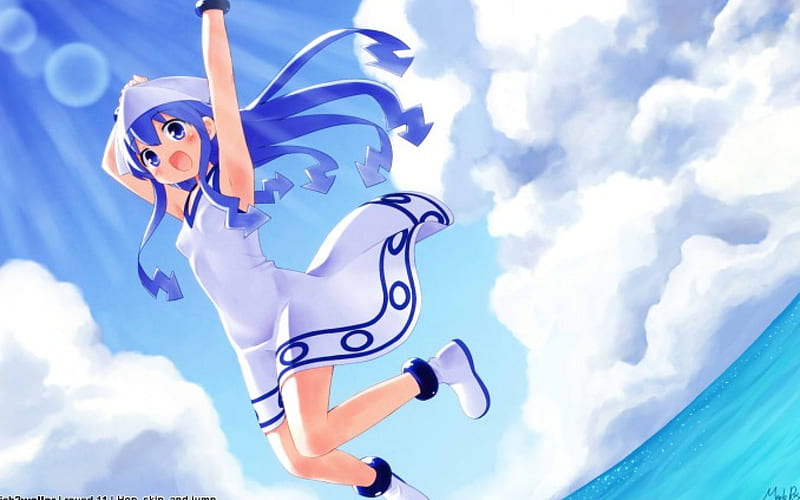 Jump!!!, dress, Jum, blush, sky, clouds, happy, hat, cute, blue hair, jump, blue eyes, long hair, HD wallpaper