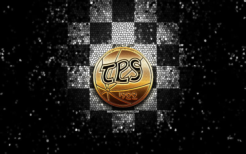 HC TPS, glitter logo, Liiga, white black checkered background, hockey, finnish hockey team, HC TPS logo, mosaic art, TPS Turku, finnish hockey league, HC TPS Turku Oy, HD wallpaper