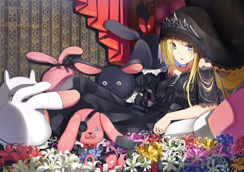 anime girl, teddy bears, black dress, lying down, colorful flowers, Anime, HD wallpaper