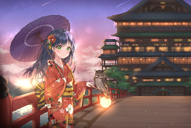 falling star, anime girl, sky, kimono, traditional building, umbrella, Anime, HD wallpaper