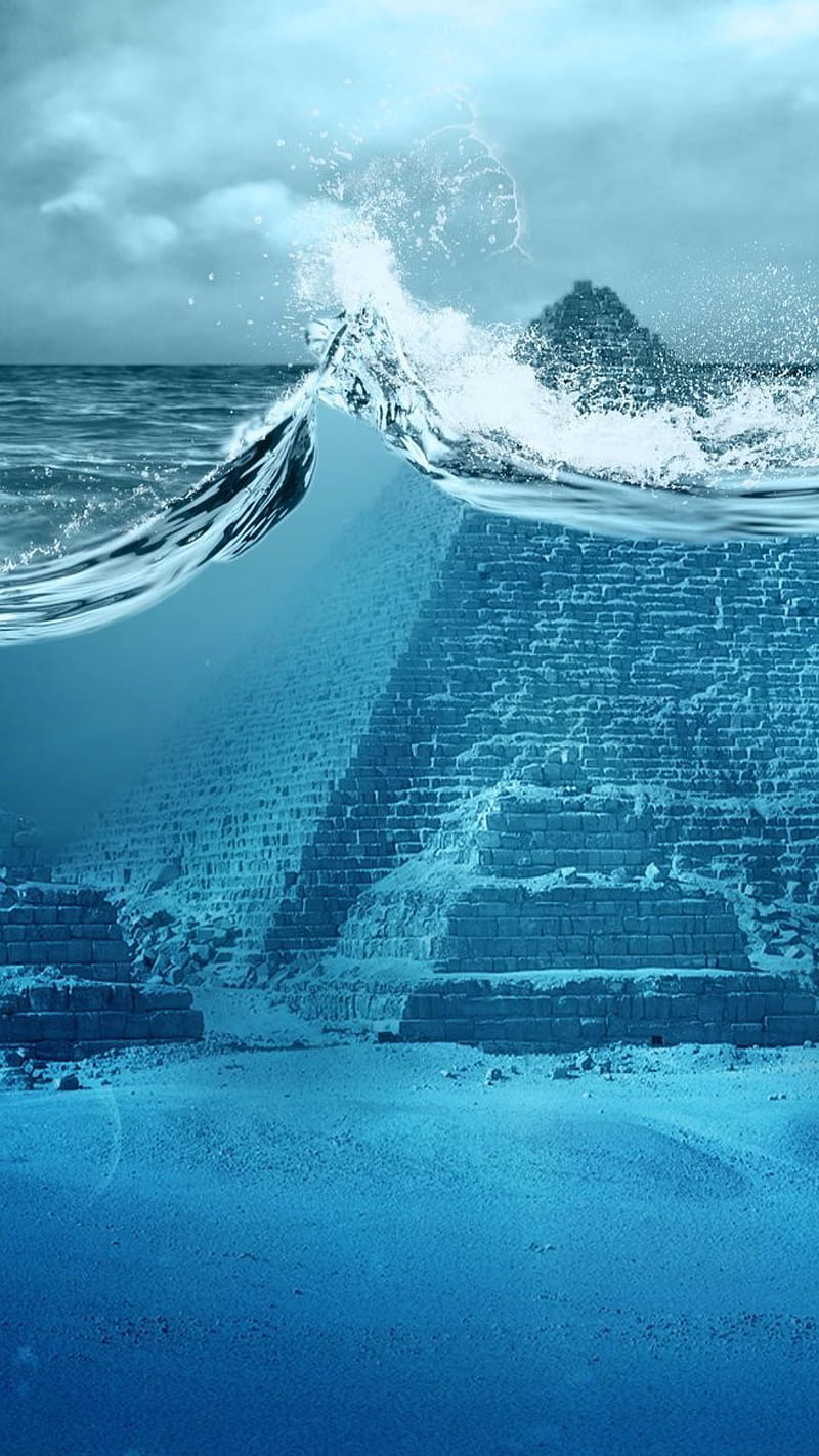 Tsunami, blue, egypt, piramyd, water, wave, waves, HD phone wallpaper