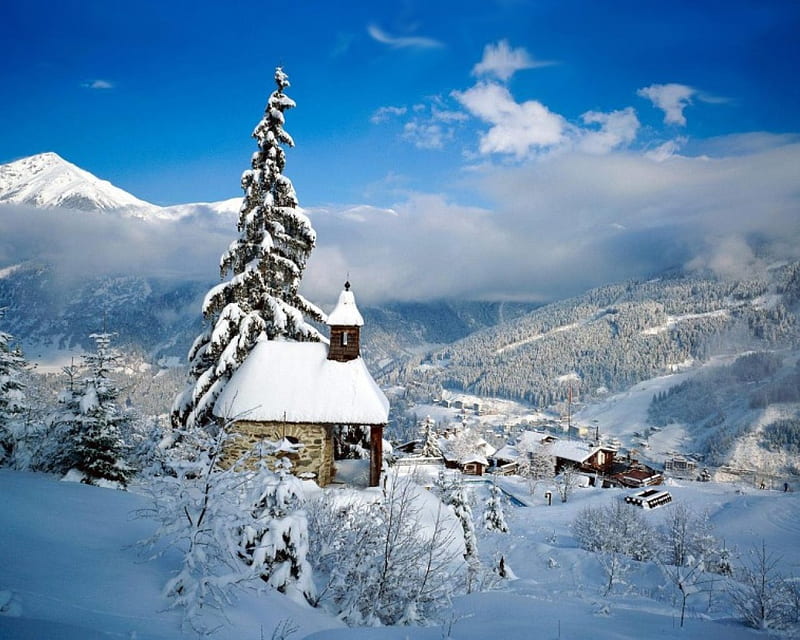 alpine, tree, house, snow, HD wallpaper alpine, tree, house, snow, HD wallpaper