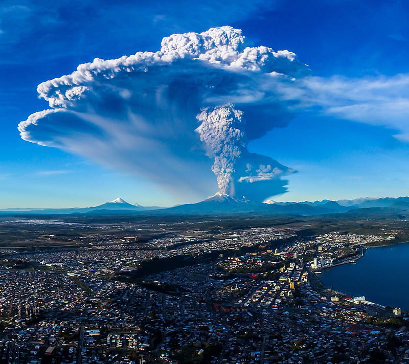 Volcano, city, sky, smog, HD wallpaper