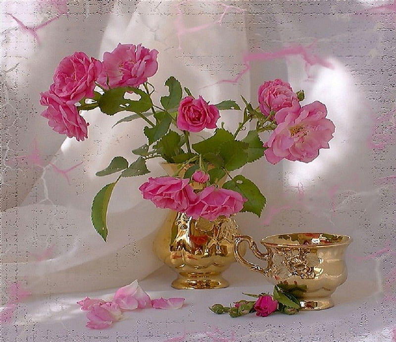 tea time with pink roses, tea time, still life, flowers, pink roses, HD wallpaper