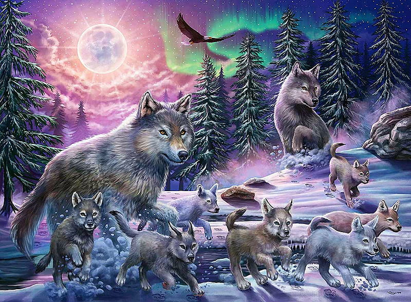 Northern Wolves, snow, wolfpack, mountains, eagle, pups, winter, stars, northern light, artwork, moon, painting, HD wallpaper