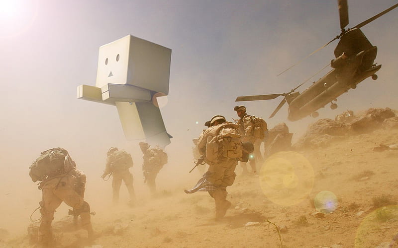 Danbo In Warzone, warzone, helicopter, box, army, abstract, cardboard, danbo, HD wallpaper