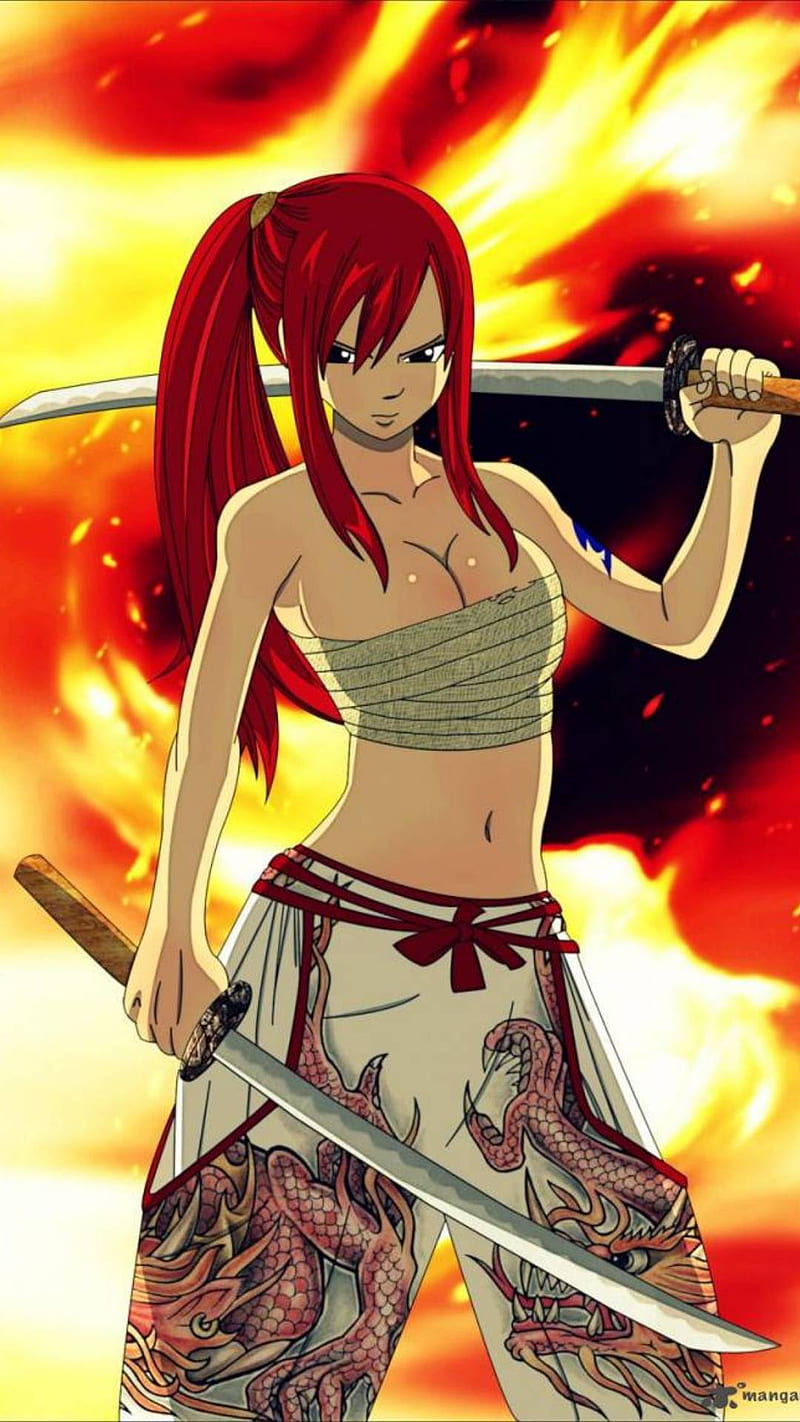 erza scarlet, anime, dragon, erza, fairy tail, fire, flame, red, samurai, tale, HD phone wallpaper