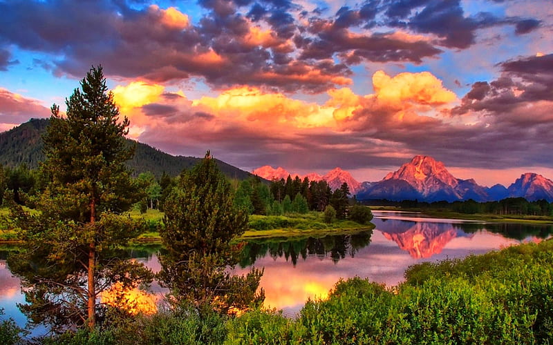 Wild and, forest, mountains, sunset, reflection, trees, clouds, HD ...