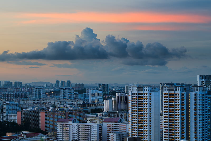 city, buildings, architecture, skyscraper, clouds, sunset, HD wallpaper