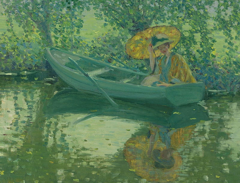 Woman On Boat Art Frederick Carl Frieseke Lake Boat Water Green Painting Hd Wallpaper Peakpx